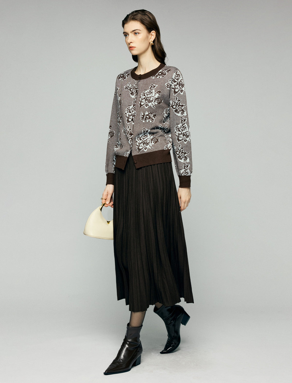 Wool Blend High-Waist Pleated A-Line Midi Skirt