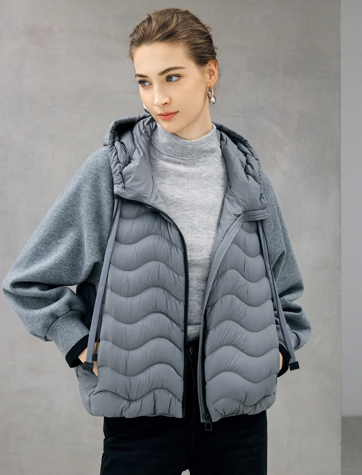 Hooded Quilted Drawstring Zip-Front Cropped Jacket