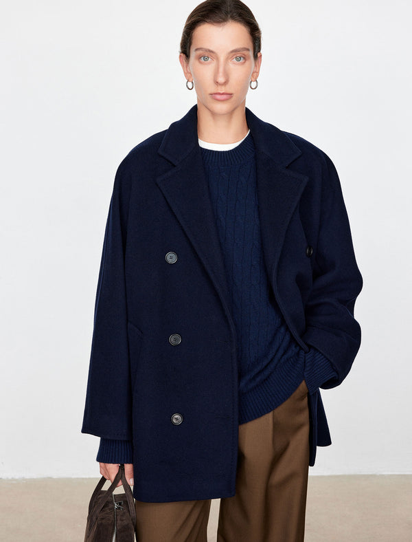 Wool-Cashmere Silk Lining Double-Breasted Coat