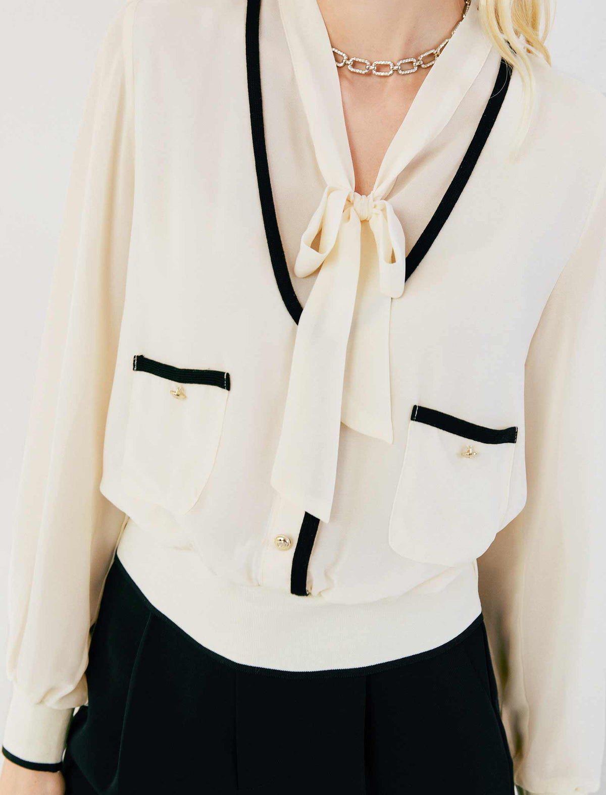 V-Neck Layered Tie-Front Long Sleeve Shirt