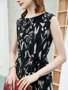 100% Mulberry Silk Black Botanical Sleeveless Midi Dress