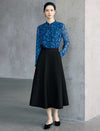 Blue Floral Print Tie Neck Long Sleeve Chiffon Blouse
