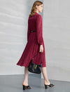 Burgundy Pleated Tie Neck Midi Dress