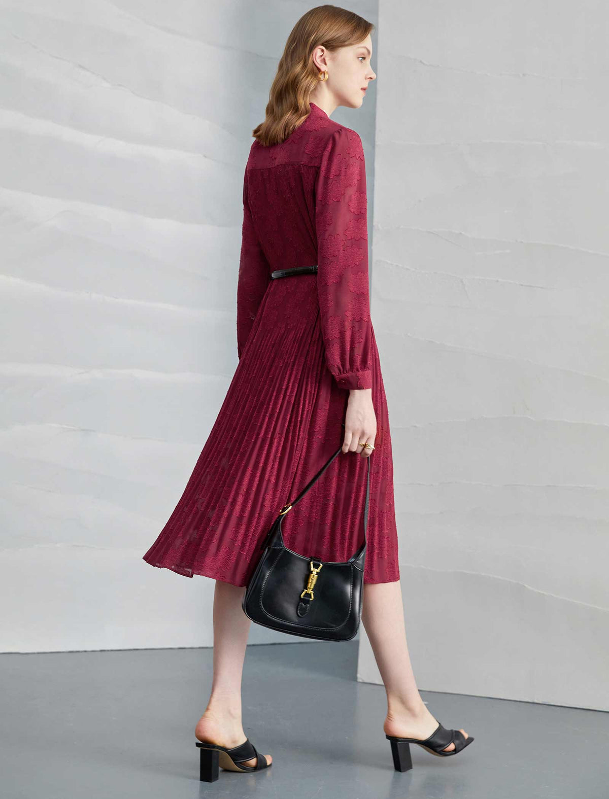 Burgundy Pleated Tie Neck Midi Dress