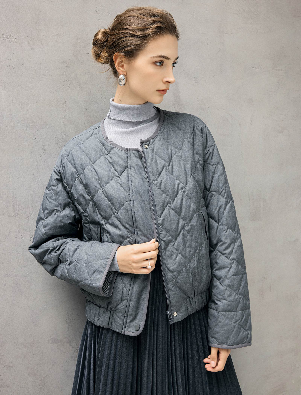 Diamond-Quilted Baseball-Collar Drawstring Cropped Puffer Jacket
