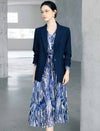 Abstract Floral Print Belted Long Sleeve Midi Dress