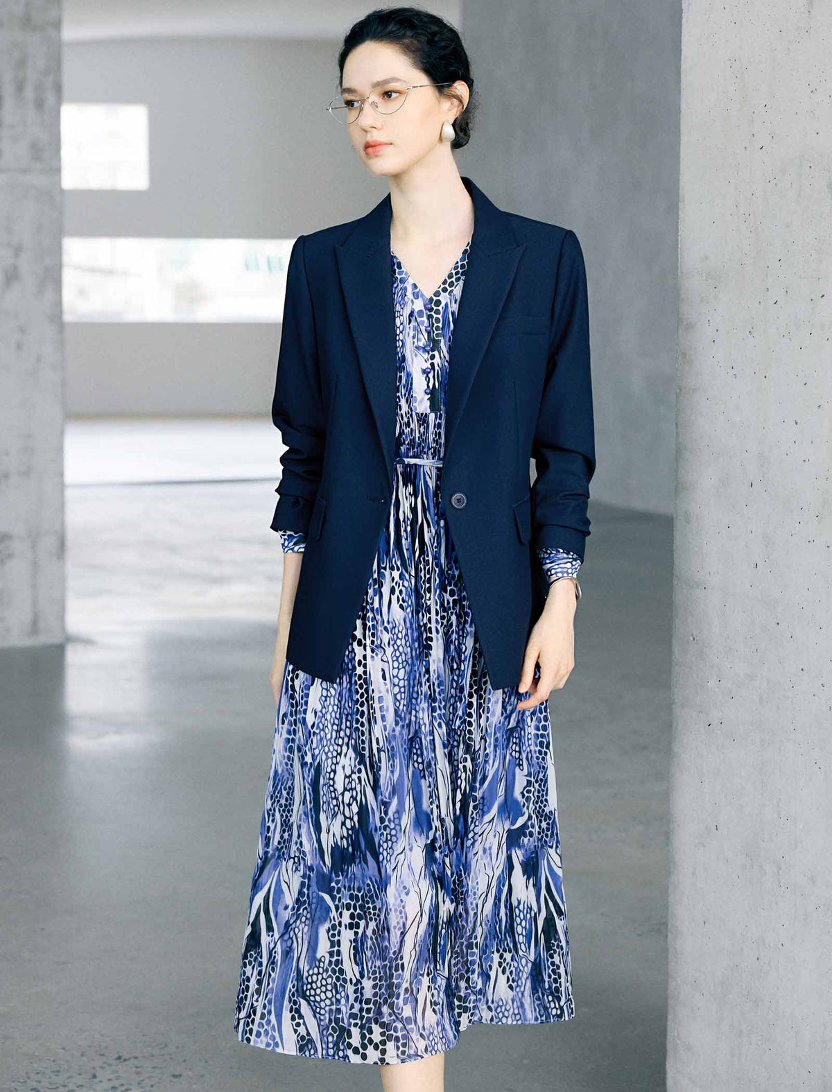 Abstract Floral Print Belted Long Sleeve Midi Dress