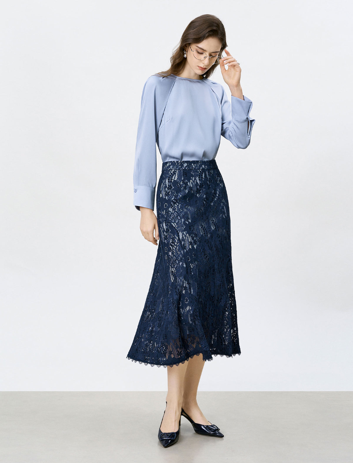 Sky Blue Satin Crew Neck Blouse