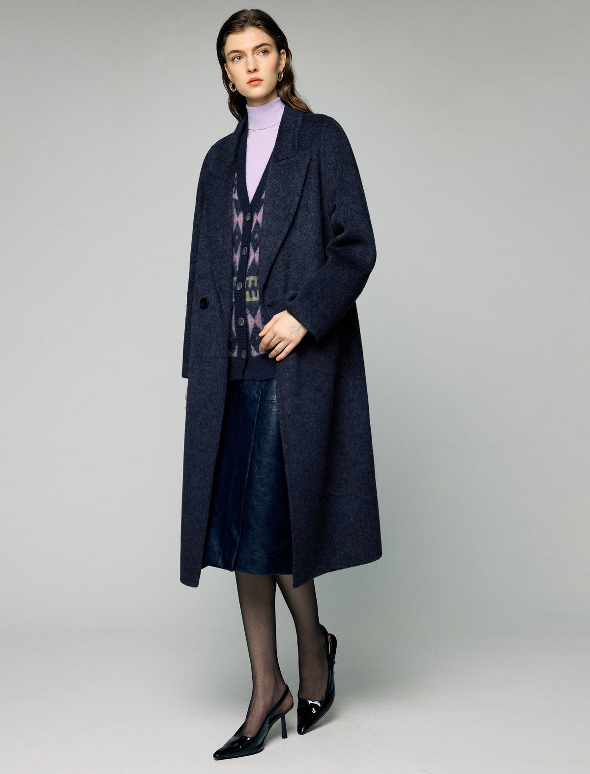 Wool Blend Notched-Lapel Double-Breasted Relaxed Long Coat