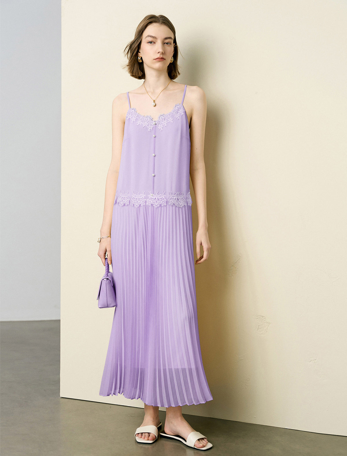 Chic Lace Embellished Pleated Slip Midi Dress