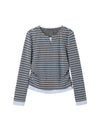 Stripe Long-Sleeve Notch-Neck Ruched Top