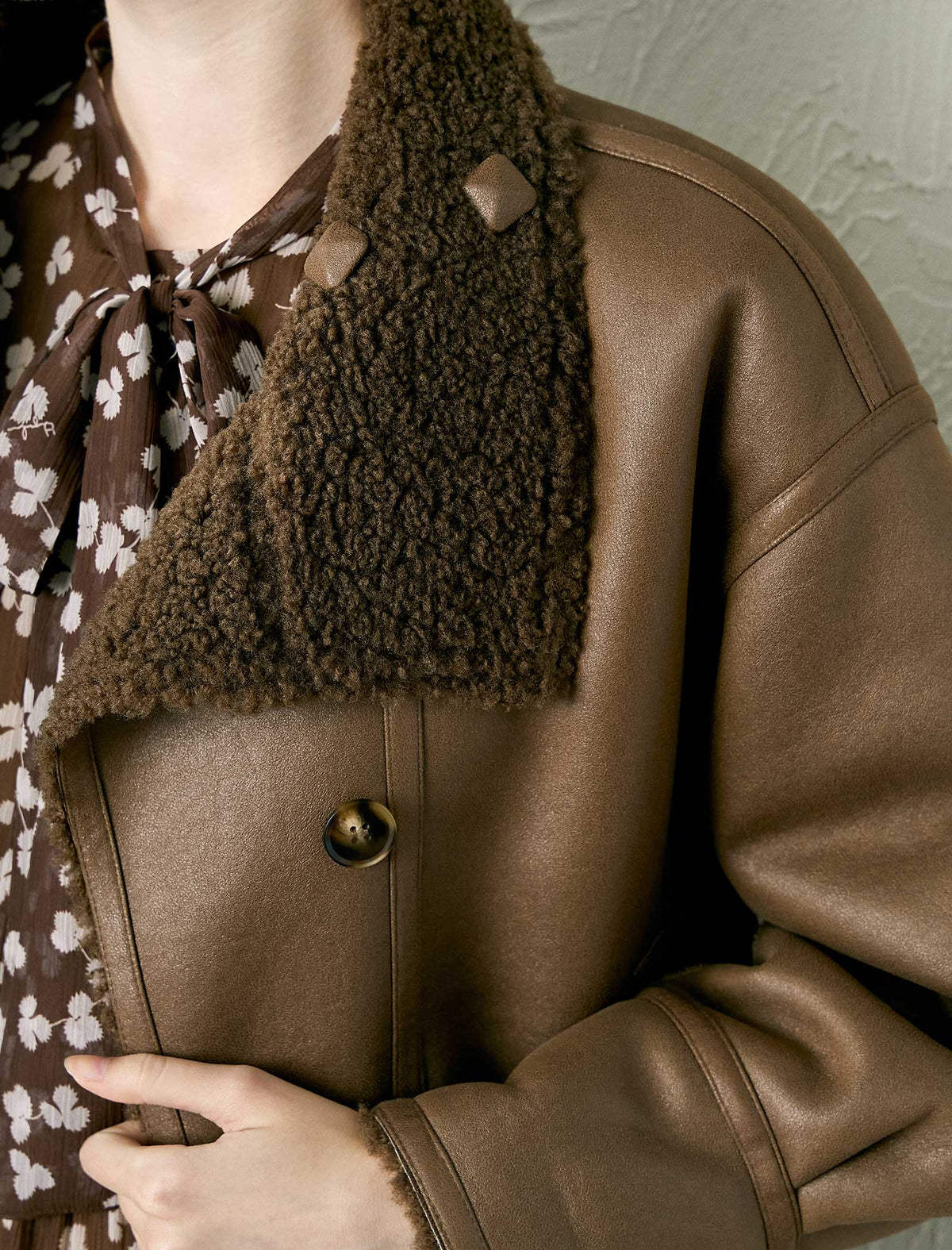 Coffee Reversible Faux Shearling Cropped Jacket