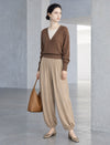 Draped Wool-Blend Ruched Waistband Lantern Pants