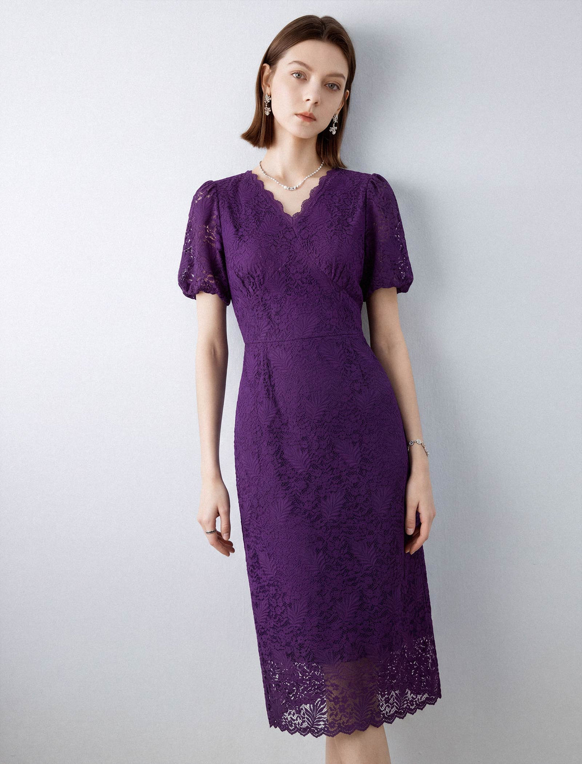 Lace Floral V-Neck Puff Sleeve Midi Dress