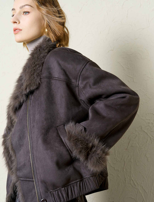 Faux Suede Fur Trim Cropped Jacket