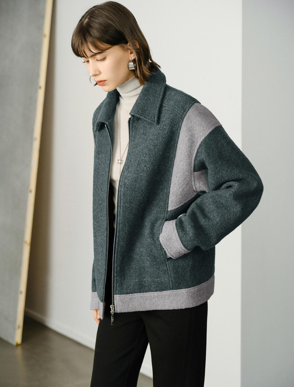 Wool Blend Color-Block Zip-Front Jacket