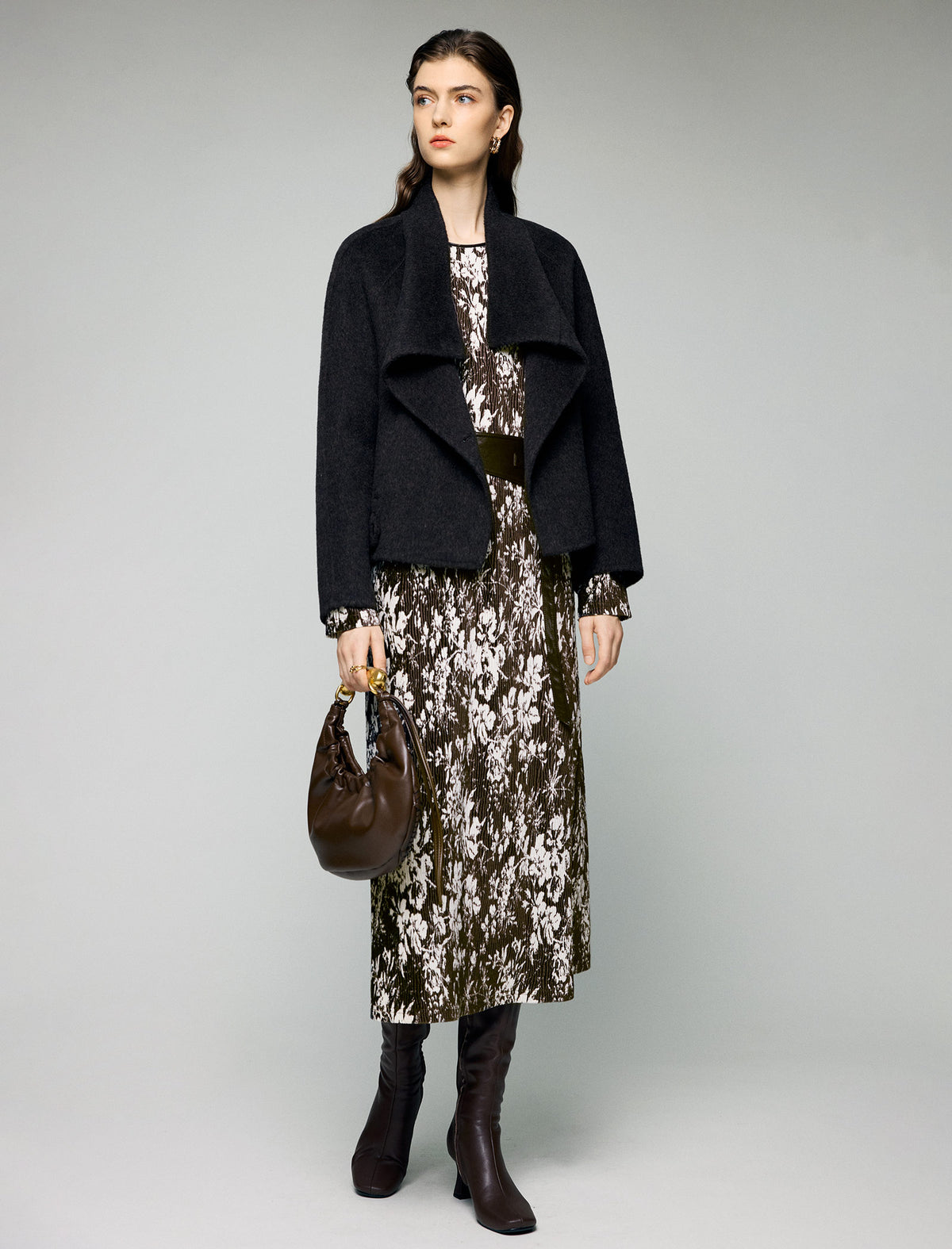 Floral Print Crewneck Belted Fitted Midi Dress