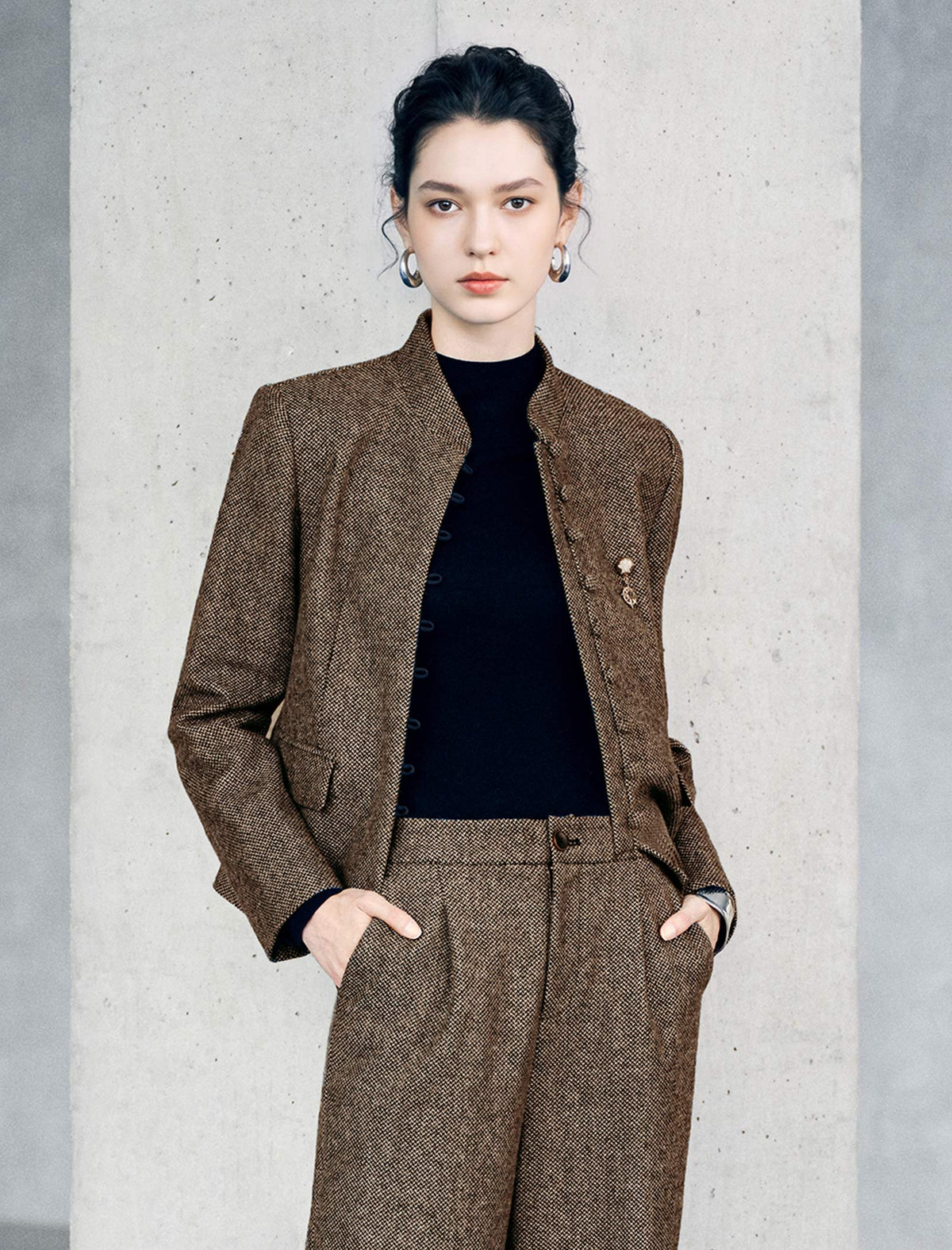 Wool Blend Mandarin Collar Cropped Jacket