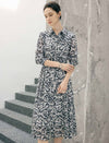 Abstract Floral Print Belted Long Sleeve Midi Shirt Dress