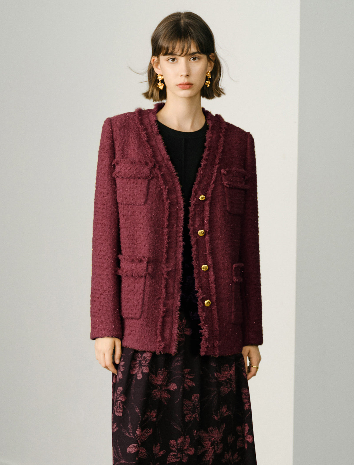 Tweed Wool-Blend V-Neck Jacket