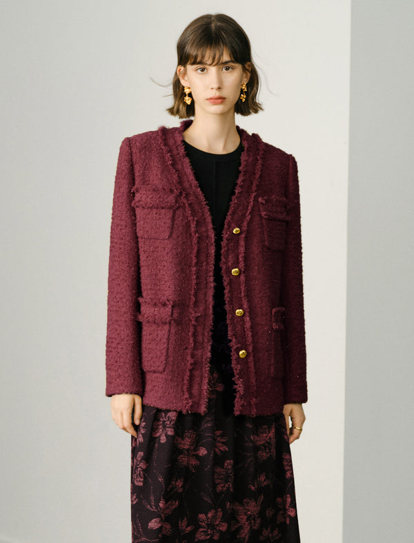 Tweed Wool-Blend V-Neck Jacket