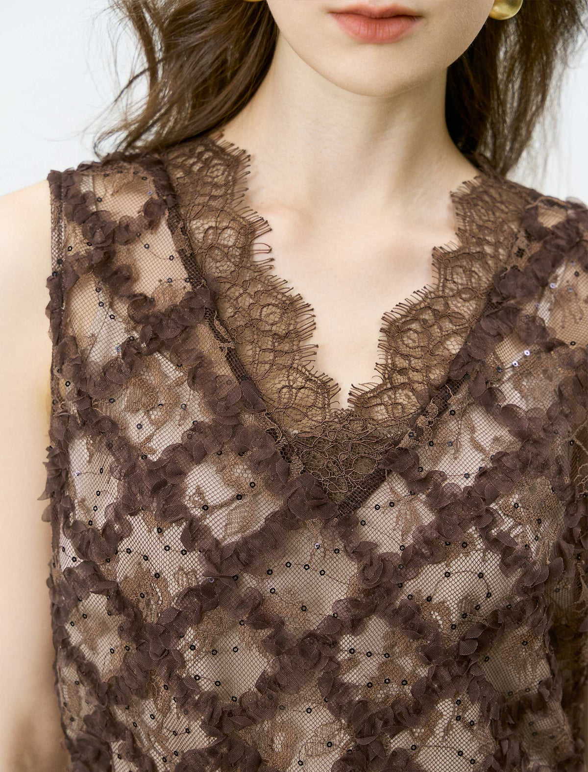 Brown Lace Embroidered Sleeveless Top