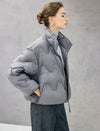 Wave-Quilted Stand-Collar Balloon-Sleeve Cropped Puffer Jacket