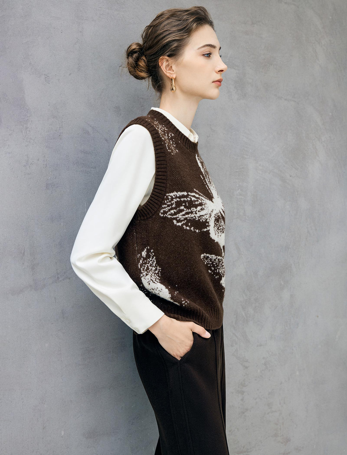 Wool Blend Jacquard Crewneck Sleeveless Knit Vest