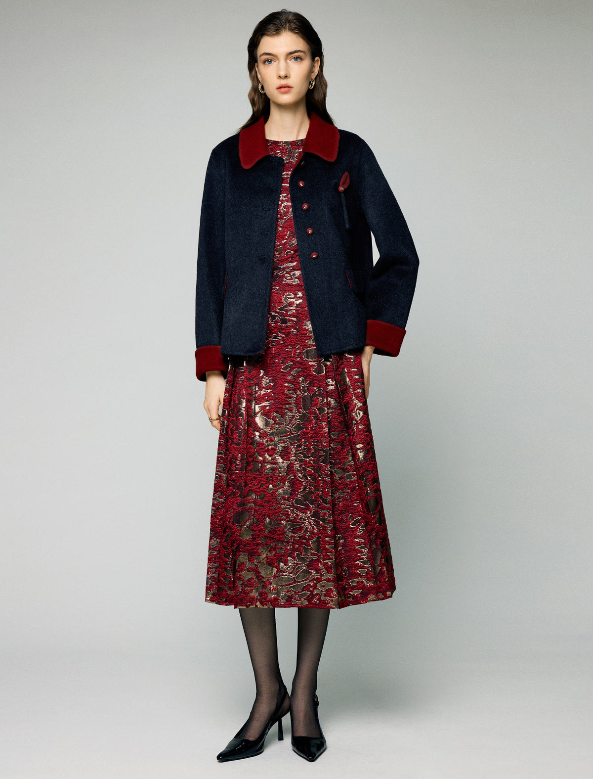 Wool Contrast-Collar Button-Front Cropped Jacket