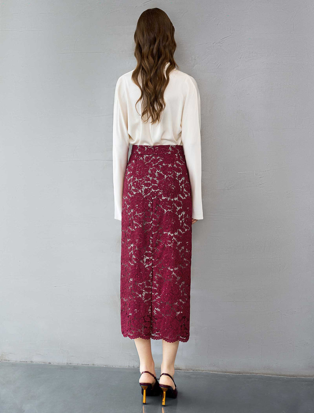 Burgundy Sequin Lace Maxi Pencil Skirt