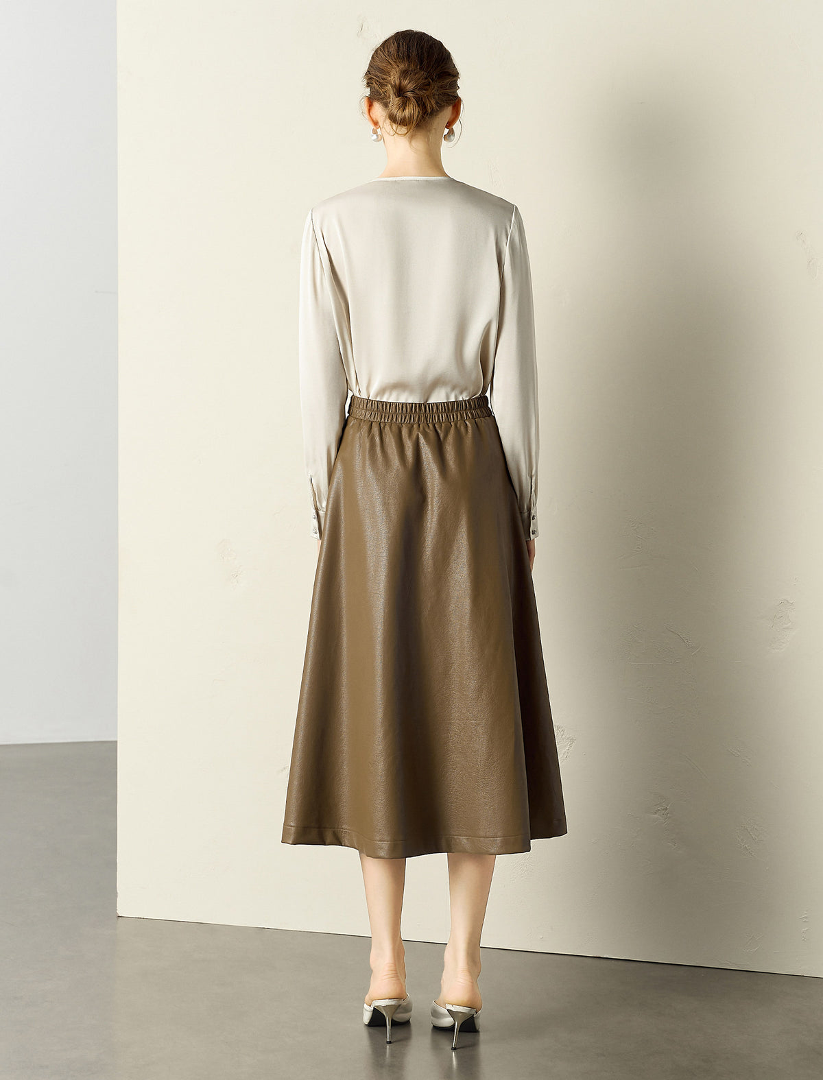A-Line PU Leather Midi Skirt