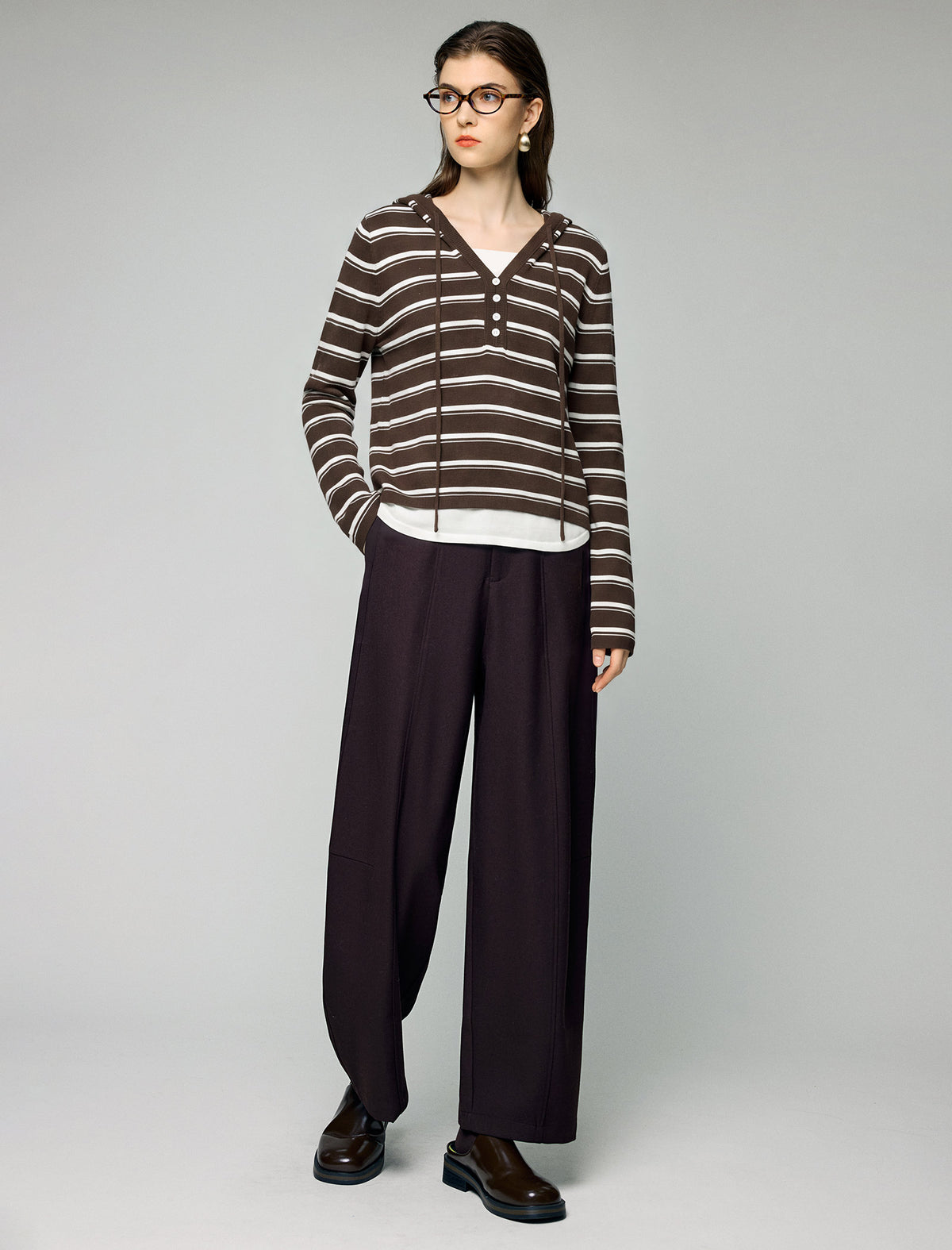 Wool and Mulberry Silk Blend Striped Hooded Drawstring Sweater