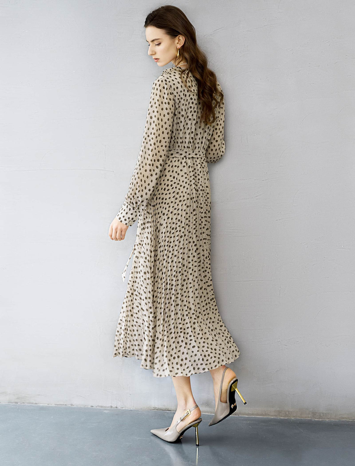 Oatmeal Ditsy Dot Ruffled Midi Dress