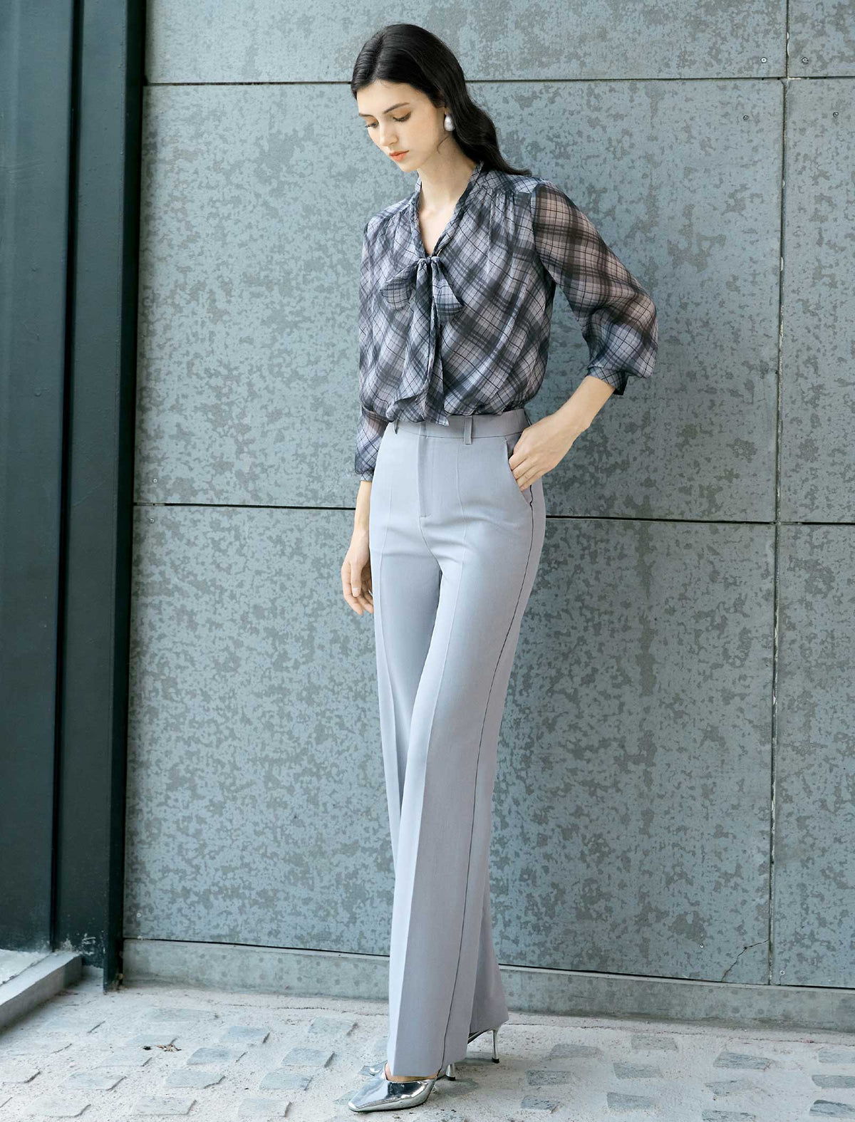 Bow‑Tie Plaid Long Sleeve Blouse