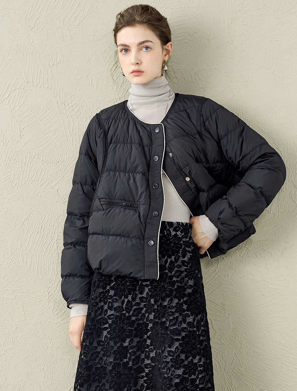 Quilted Contrast Detail Round Neck Down Jacket