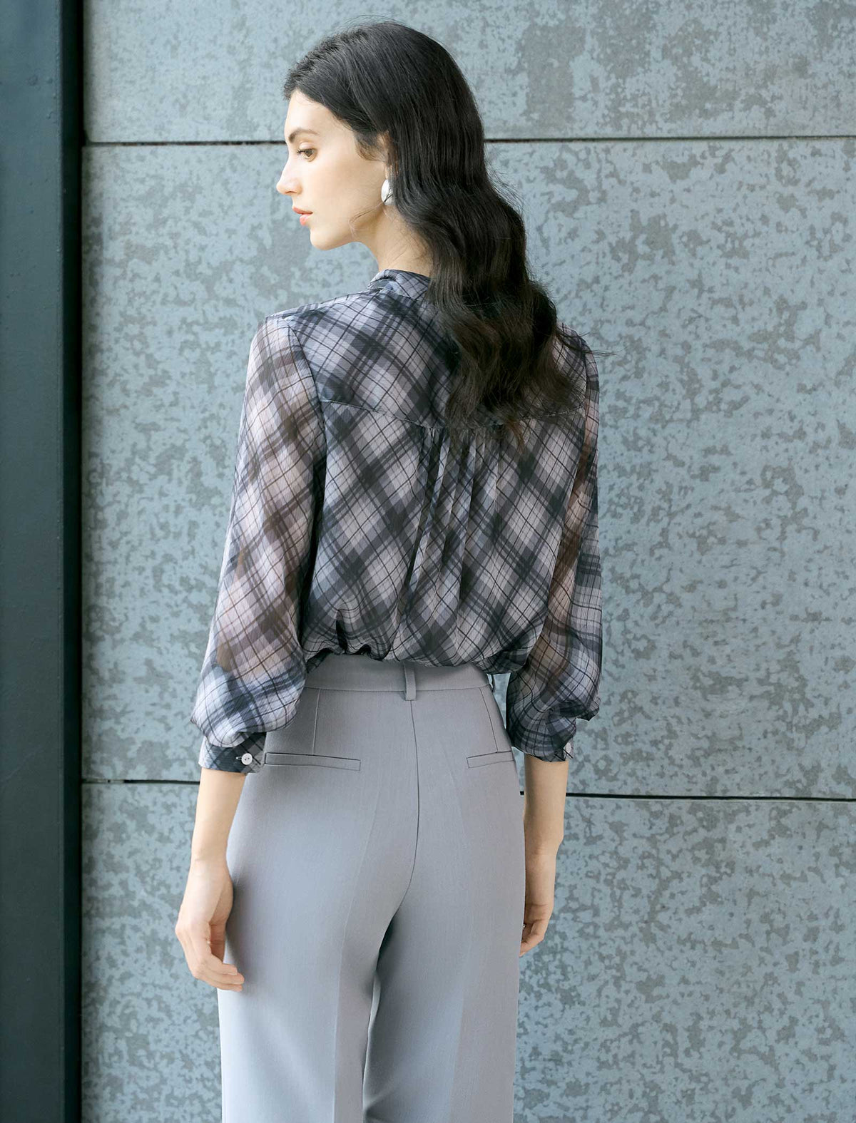 Bow‑Tie Plaid Long Sleeve Blouse
