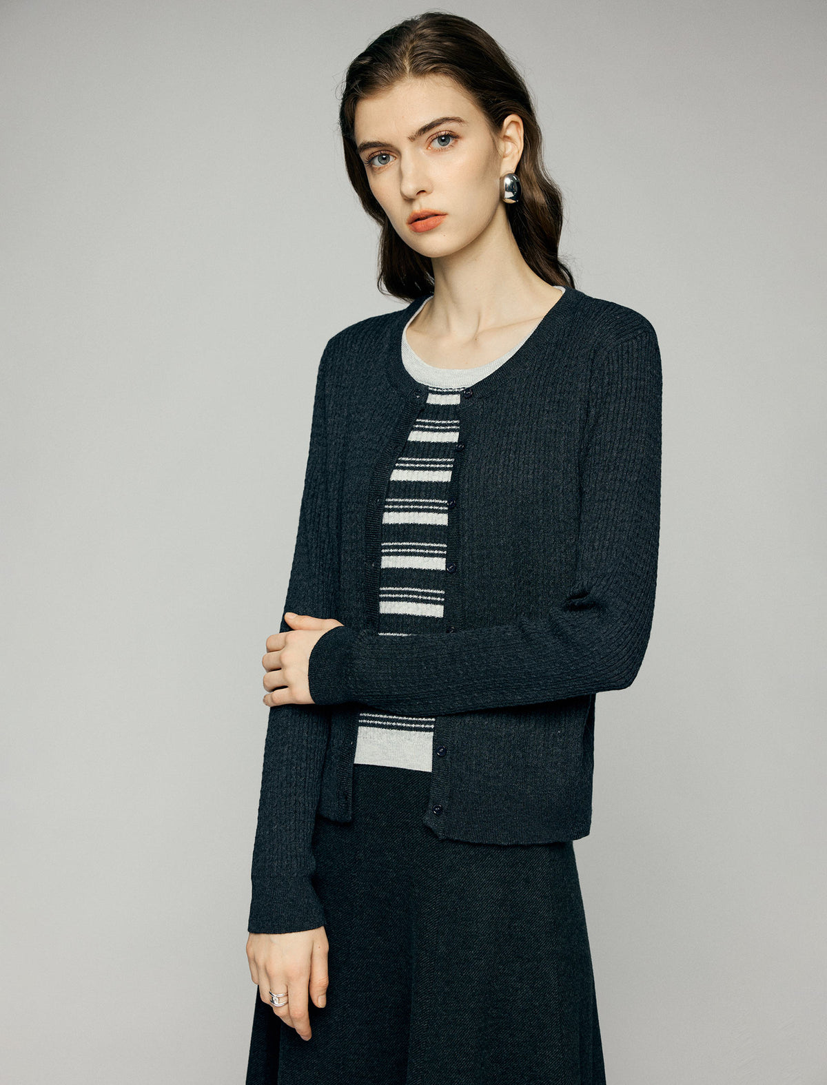 Blend Textured Long Sleeve Button Front Cardigan