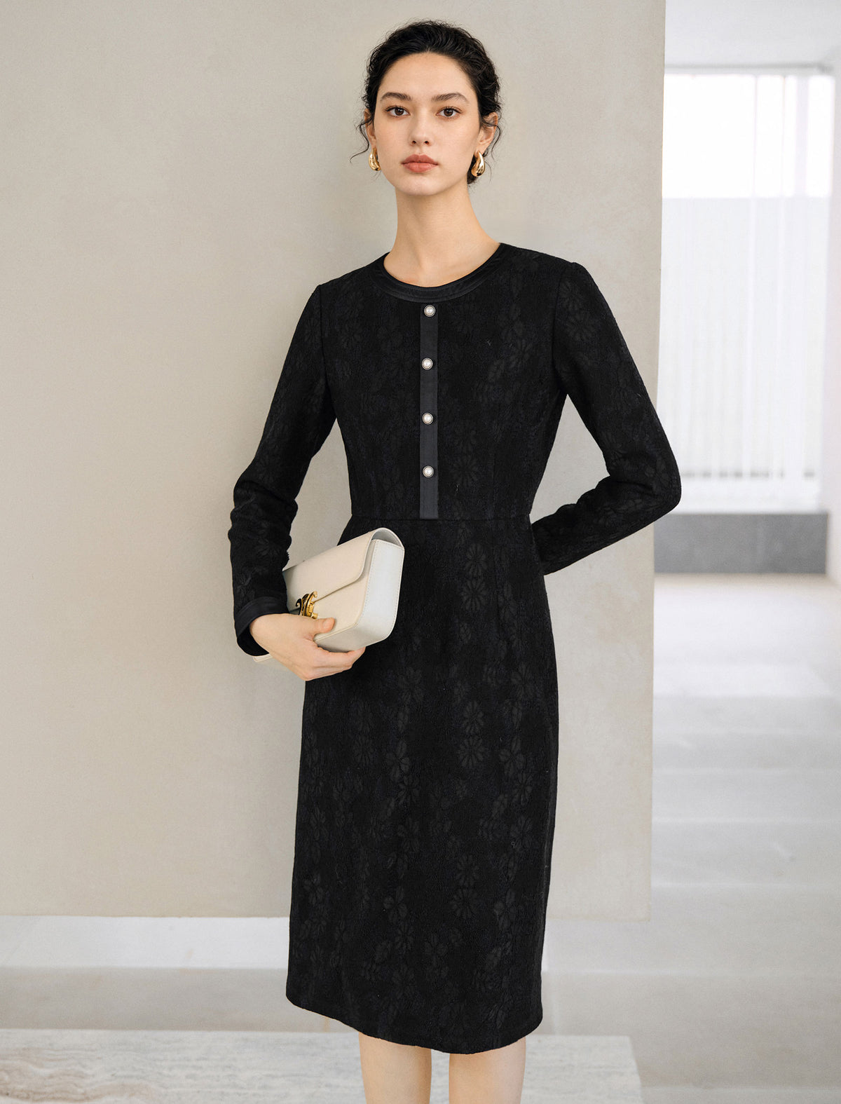 Lace Long Sleeve Fitted Straight-Fit Dress