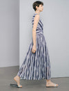 Sleeveless V Neck Watercolor Stripe Wrap Midi Dress