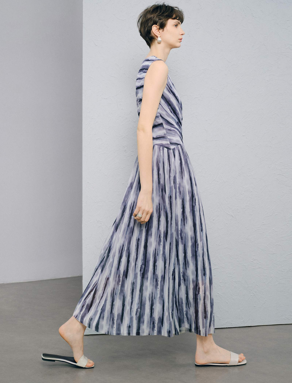 Sleeveless V Neck Watercolor Stripe Wrap Midi Dress