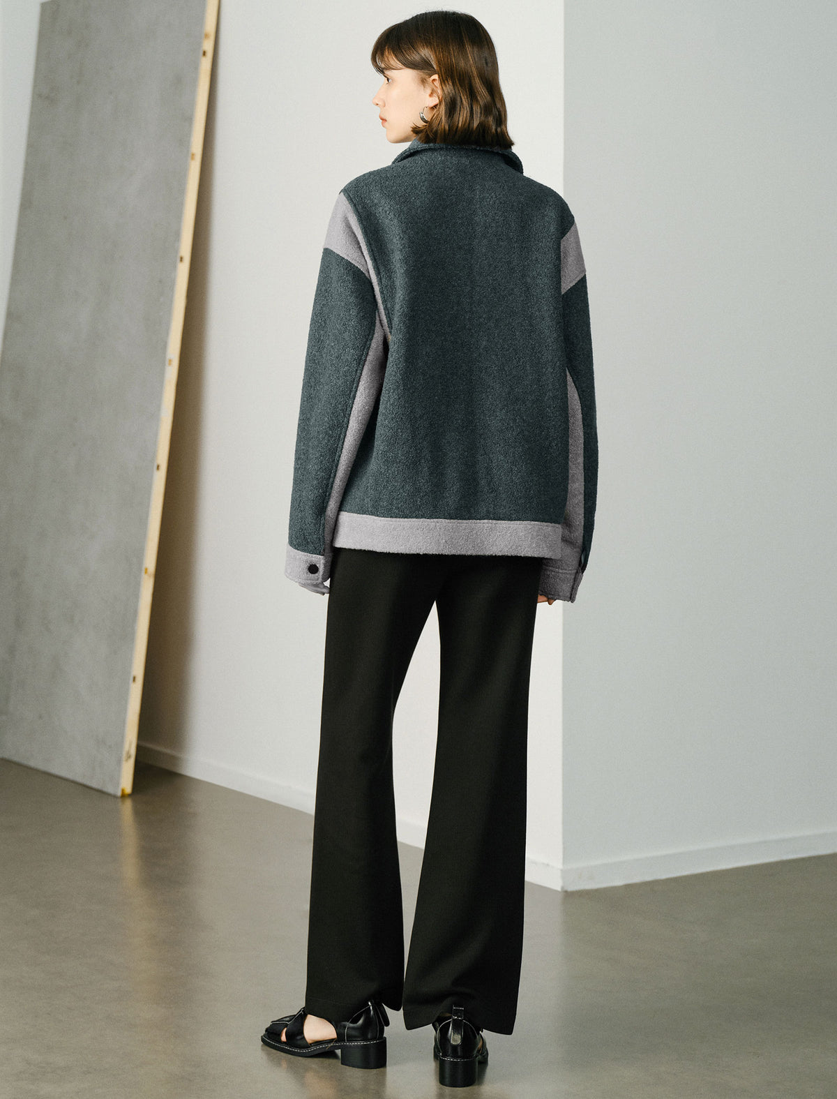 Wool Blend Color-Block Zip-Front Jacket