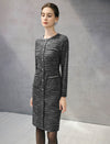 Braided-Trim Crewneck Long Sleeve Pearl-Button Straight Dress