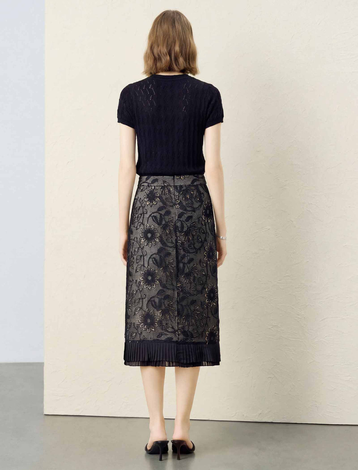 Lace Sequined Pencil Midi Skirt