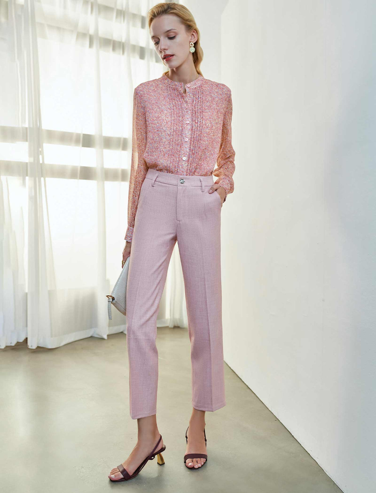 Blush Floral Crew Neck Pleated Blouse