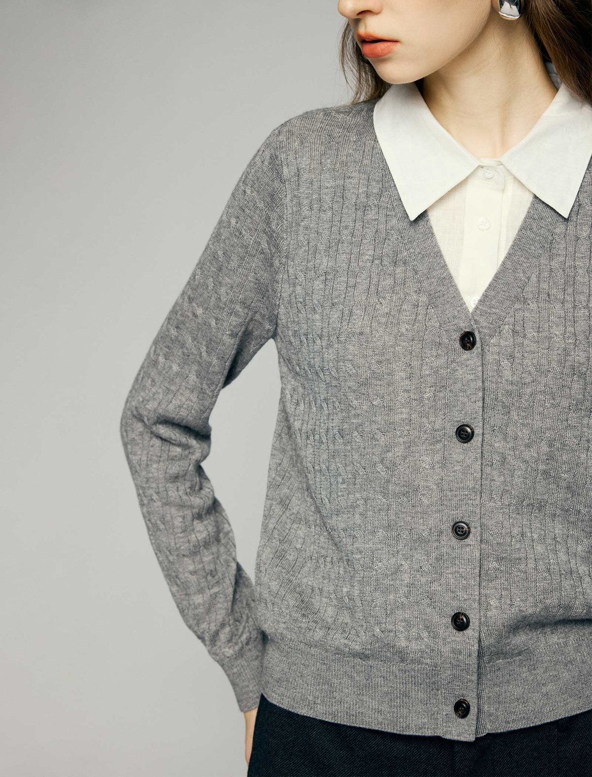 Wool Blend Cable-Knit V-Neck Button-Front Cardigan