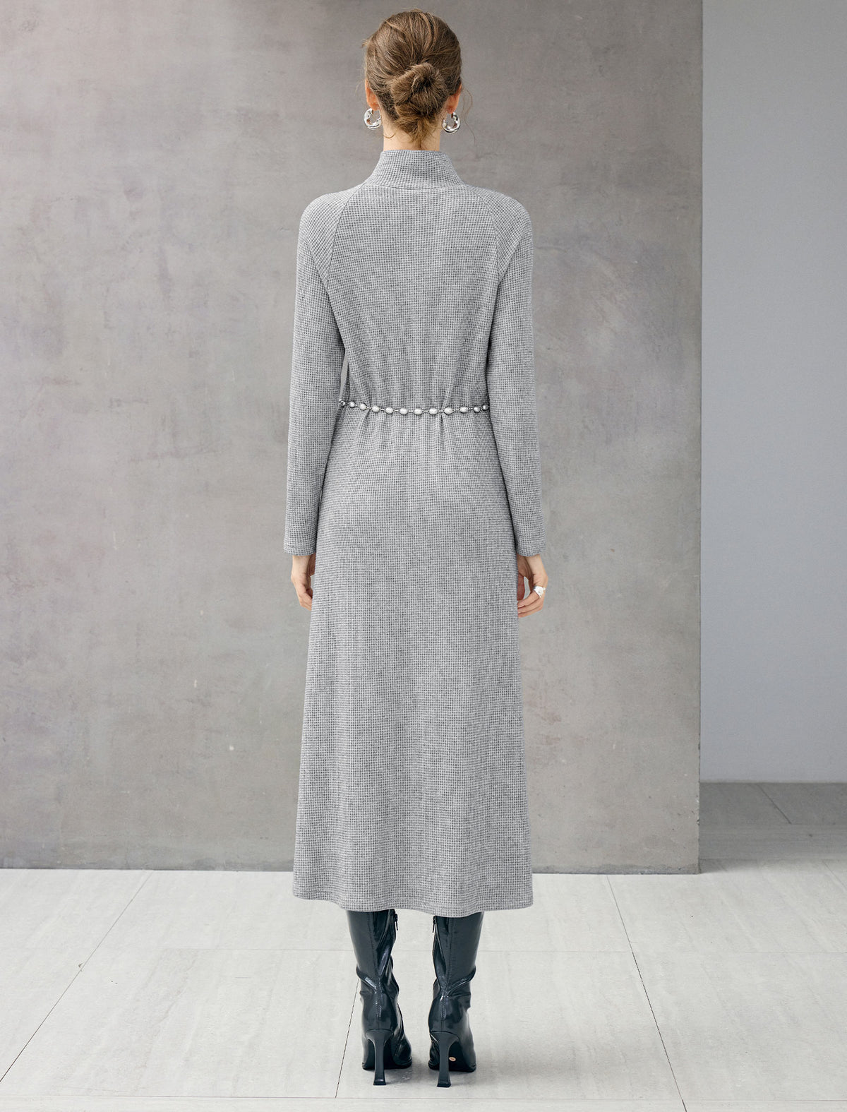 Textured Turtleneck Pearl-Chain Belted Long Sleeve Midi Dress