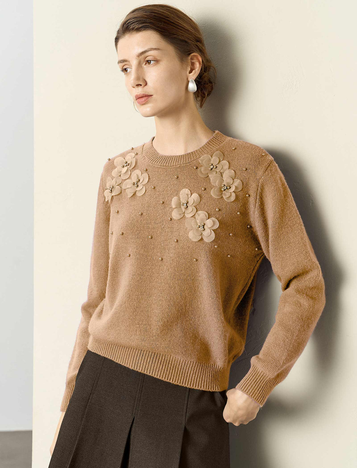 Wool Blend Floral Beaded Accents Crewneck Sweater