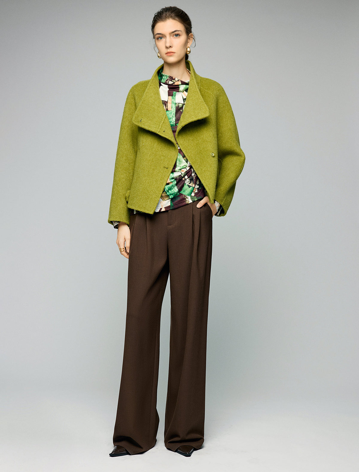 Wool Blend Ruched-Lapel Raglan-Sleeve Cropped Jacket