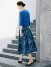 Blue Floral Print A-Line Midi Skirt