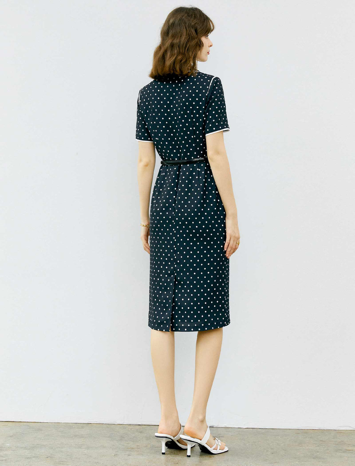 V-Neck Polka Dot Waist-Cinched Fitted Dress